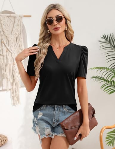 Zeagoo Women Blouses Puff Short Sleeve Tops V Neck Dressy Casual Spring Shirts Boho Floral Cute Clothes 2026
