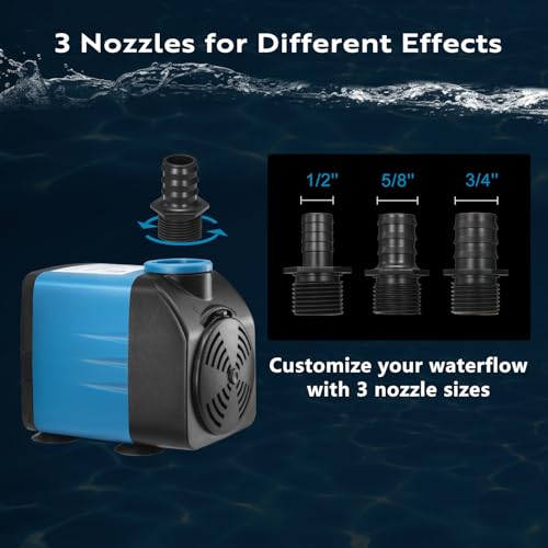 TONGCHANT 480GPH Adjustable Flow Fountain Pump with 3 Nozzles (1/2", 5/8", 3/4"), 10ft High Lift, 35W Ultra-Quiet Submersi...