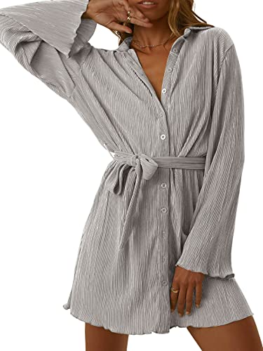 LYANER Women's Collar V Neck Button Down Pleated Long Sleeve Mini Shirt Dress with Belt