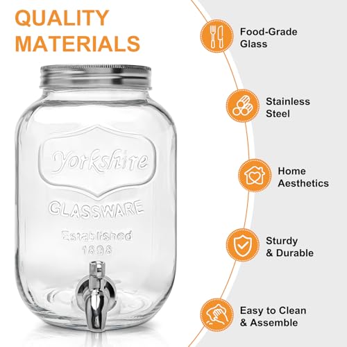 1 Gallon Glass Beverage Dispenser with Lid, Stainless Steel Spigot, Glass Drink Dispensers for Parties, Lemonade Dispenser...