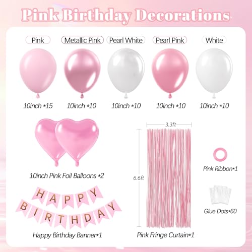 Pink Birthday Decorations with Pearl White Light Pearl Metallic Pink Foil Balloons Fringe Curtain Banner for Happy Birthda...