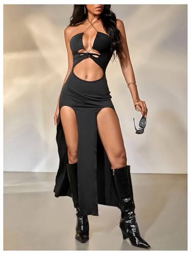 Milumia Women's Gothic Grunge Dress Hollow Out Halter High Slit Bodycon Dresses Festival Rave