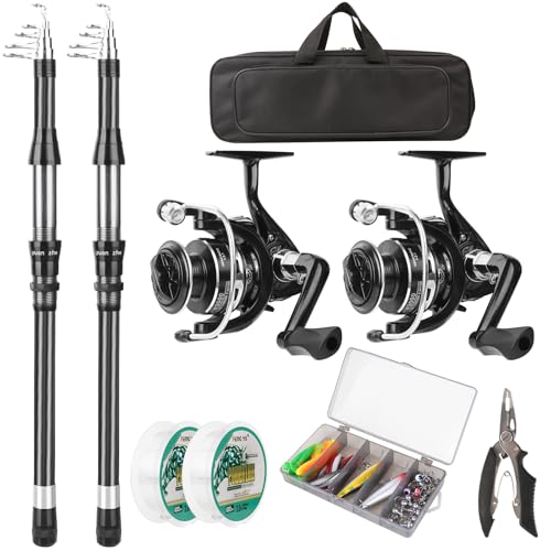 Fishing Rod Reel Combo - 2PCS 6.89ft Telescopic Fishing Poles 2PCS Spinning Reels Lures Set Fishing Pliers with Carrier Ba...