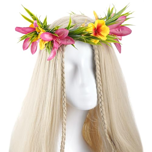 Hawaiian Leis Flower Crown - Artificial Tropical Flower Headpiece Hawaii Floral Headband with Ribbon Lei Luau Dress Up Hai...
