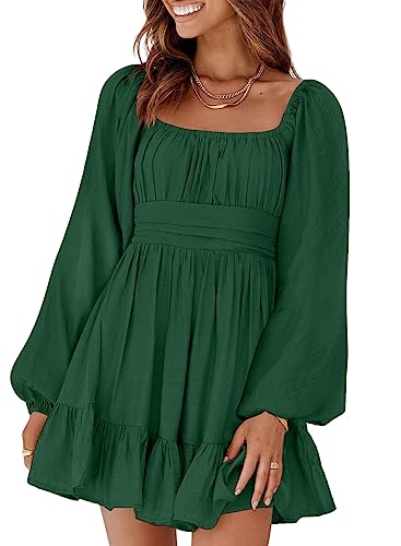 Dokotoo Womens Dress Long Lantern Sleeve Square Neck Tie Backless Sexy Dress Ruffle Elastic Waist A-Line Mini Dress