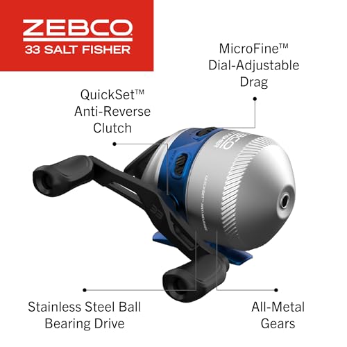 Zebco Salt Fisher 33 Spincast Reel and Fishing Rod Combo, 6-Foot 6-Inch 2-Piece Medium-Heavy Power, Moderate-Fast Action F...