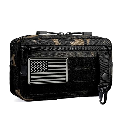 Tactical MOLLE Admin Pouch - Laser-Cut EDC Tool Bag, Horizontal Modular Organizer w/American Flag Patch & Keychain