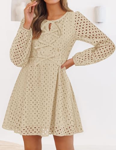 ZESICA Women's Long Sleeve Mini Dress 2026 Fall Crewneck Tie Front Hollow Out Eyelet Babydoll A Line Short Dresses