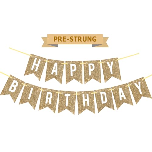 Pre-Strung Gold Happy Birthday Banner Decorations,12 ft No DIY Gold Glitter Birthday Party Banner Sign Decor for Women Men...