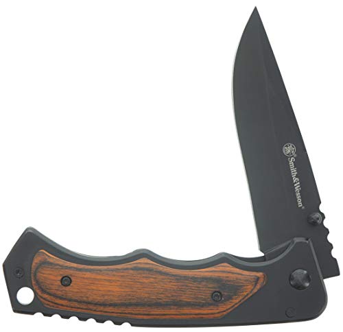 Smith & Wesson 8.5in S.S. Folding Knife with 3.7in Drop Point Blade and S.S. and Real Wood Insert Handle for Outdoor