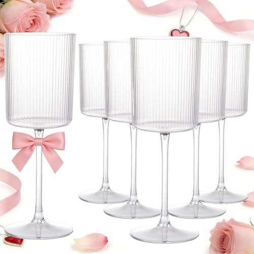 Ciaell 12 PCS Plastic Ribbed Wine Glasses - 10 OZ Plastic Square Wine Glasses with Stem - Disposable Champagne Cups for Pa...