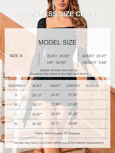VAFADRESS Womens Sexy Sequin Sparkly Glitter Dress Long Sleeve Square Neck Cocktail Evening Party Mini Dress
