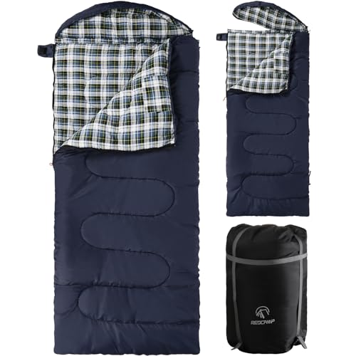 REDCAMP Flannel Sleeping Bag for Adults, Comfortable Cotton Sleeping Bags for Camping with Detachable Hood, Red/Grey/Blue/...