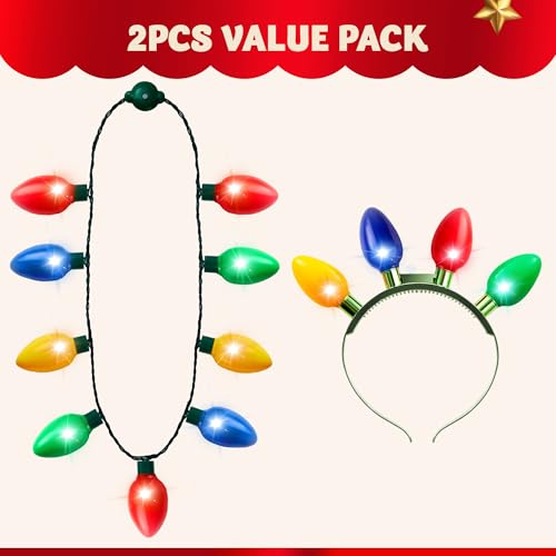 JOYIN 6 Pcs Christmas Light Up Headband and Necklace with 6 Flashing Modes, LED Christmas Bulb Lights Necklace Headband fo...