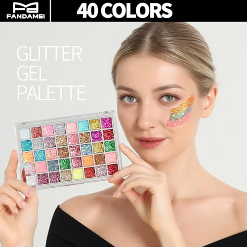 FANDAMEI Face Glitter Face Gems, 40 Colors Glitter Gel Palette with 6 Sheets Self Adhesive Hair Gems, Face Jewels for Wome...