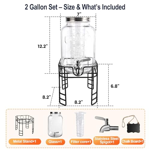 2 Gallon Drink Dispensers for Parties, Beverage Dispensers with Stand, Glass Water Jug Dispenser, with 18/8 Stainless Stee...