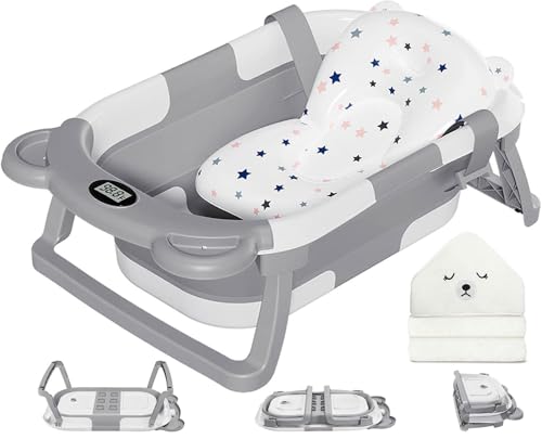 MoreFeel Collapsible Baby Bathtub for Newborn with Thermometer & 1 Hooded Towel & 1 Soft Floating Cushion,Portable Travel ...