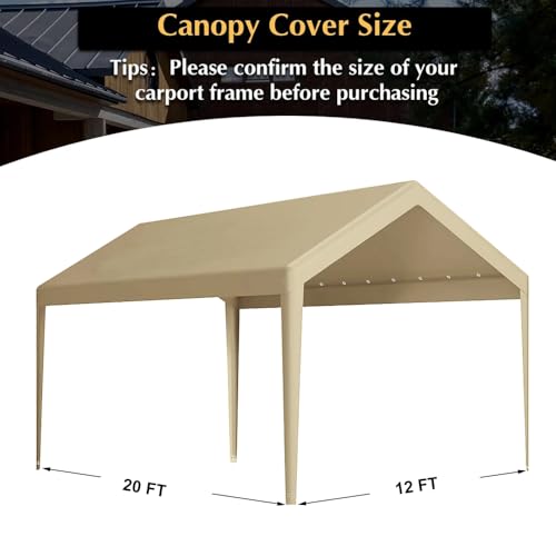 Carport Replacement Canopy, Replacement Top Cover for 12' x 20' Carport Frame, 180G PE Fabric Waterproof & UV Protected Ta...