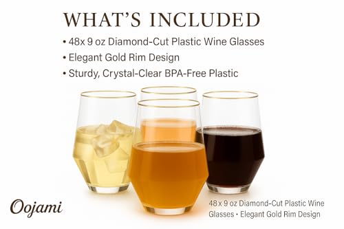48 Pack Diamond Unbreakable Stemless Plastic Wine Stemless Toasting coacktail Glasses, Durable 9 Oz BPA-Free Disposable Ch...
