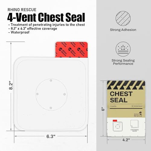 RHINO RESCUE Vented Chest Seal, 4 Vents, Sterile Emergency Trauma Dressing, Occlusive Adhesive Pad, IFAK Trauma Refill Med...