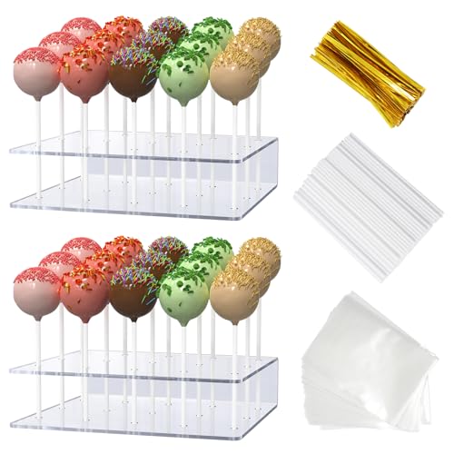 2 Pack Cake Pop Stand with Sticks Kit, Acrylic Lollipop Hold Stand, Clear Cake Pop Display Holder, 15 Holes Candy Pop Hold...