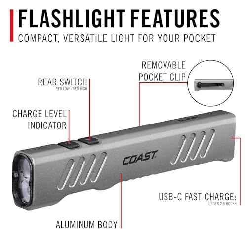 Coast Slayer RED 1000 Lumen USB-C Rechargeable LED Flashlight with Red Mode, Spot/Flood, Memory Mode and Pocket Clip