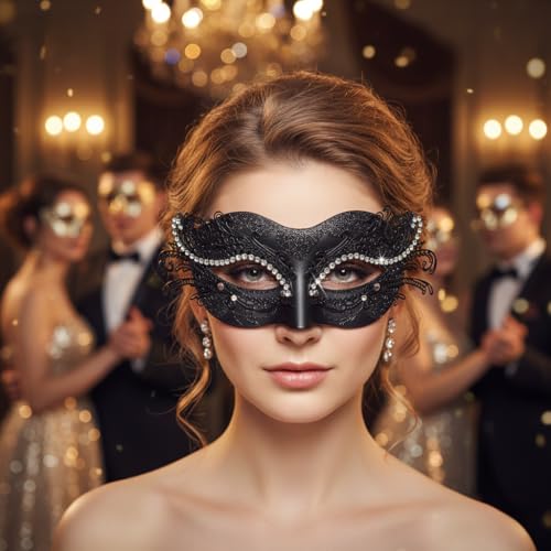 BCARICH 2025 New Masquerade Mask for Women, Metal Filigree Venetian Mask with Sparkle Rhinestone for Mardi Gras