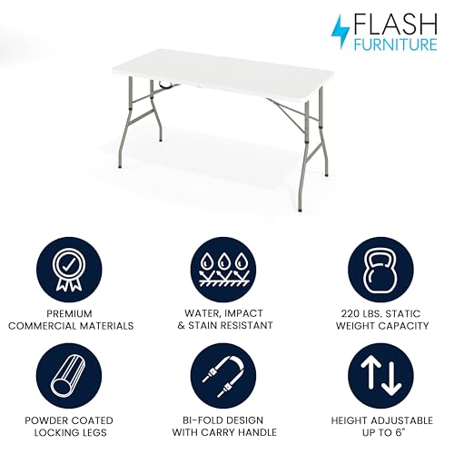 Flash Furniture Kathryn 5' Rectangular Plastic Folding Event Table with Carrying Handle, Bi-Fold Portable Banquet Table fo...