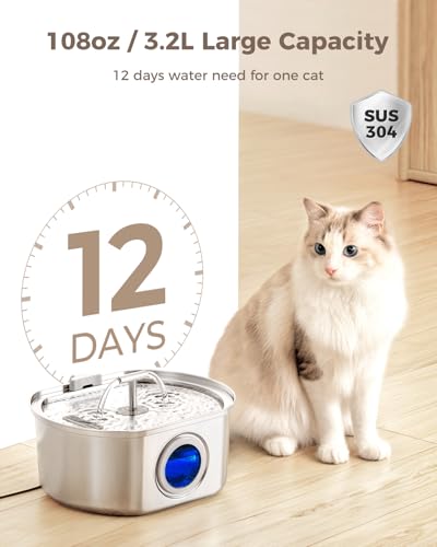 Cat Water Fountain Stainless Steel - Pet Drinking Fountain for Cats Indoor - 3.2L/108oz Automatic Water Dispenser with Wat...