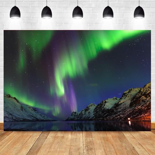 CapiSco Northern Lights Backdrop 7x5FT Arctic Snow-Capped Mountains Lake Scenery Northern Lights Landscape Polar Lights Ba...