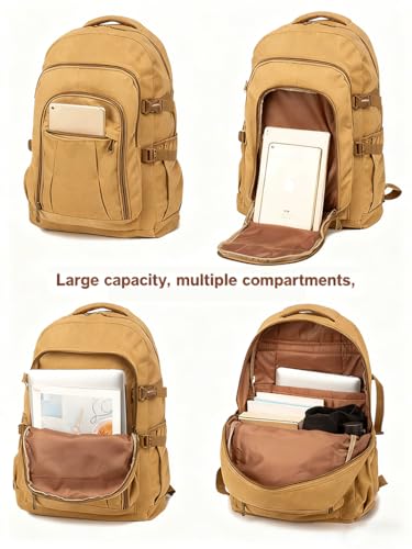 Men's Canvas Travel Backpack, Large 50L Hiking Daypack with Multiple Compartments, Heavy Duty Rucksack, Brown(50L)