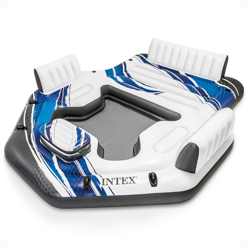 Intex Blue Tropic Inflatable 5 Person Raft or Swimming Pool Island Water Floating Lounger Raft with Backrests, Built in Co...