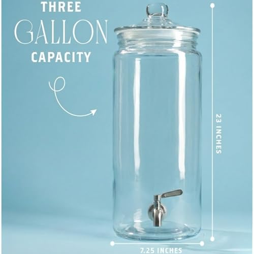 3 Gallon Glass Beverage Dispenser & Spigot – Large Drink Dispenser for Parties, Juice, Water, Iced Tea, Sangria, Punch, Co...