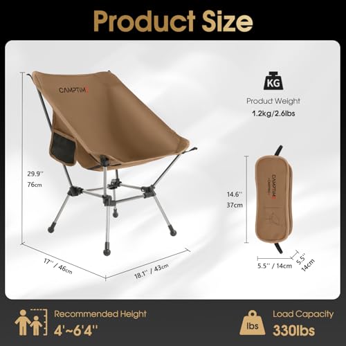 Camptime Portable Camping Chair Plus, Larger & Roomier, Compact and Lightweight, Folding Chair for Backpacking & Hiking, 3...