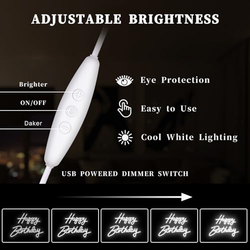 Happy Birthday Neon Sign - 16.5x9.8 Inch White Birthday Neon Light for Wall Decor, USB Powered Dimmable Party Decorations ...