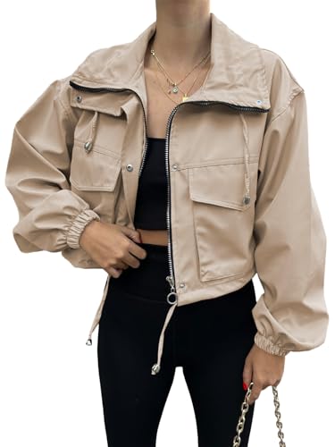 Tankaneo Womens Cropped Jacket Zip Up Lightweight Oversized Utility Anorak Coat with Pockets