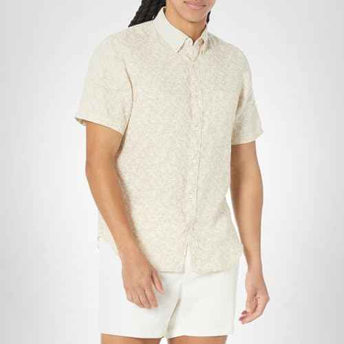 Club Monaco Men's Short Sleeve Linen Deco Print Shirt, Tan