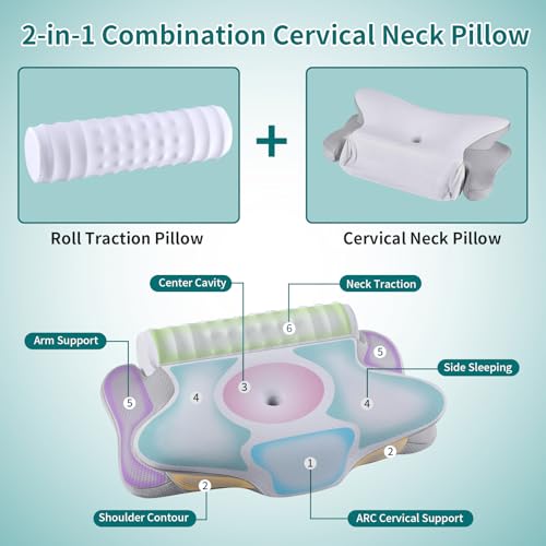 onesmile Cervical and Roll Neck Pillow - 2 in 1 Ergonomic Pillows, Neck Support Pillow for Sleeping, Memory Foam Pillows f...