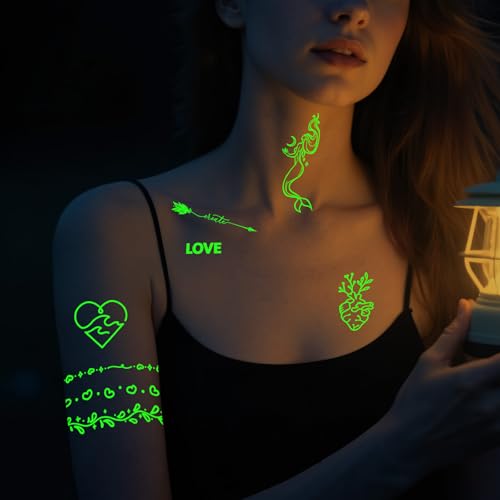 60 Sheets Glow in the Dark Temporary Tattoos, Minimalism Luminous Fake Tattoos Stickers for Adults Men Women Halloween Rav...