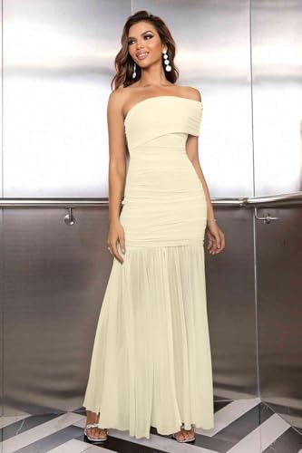 LAGSHIAN Women's Elegant Formal Long Dress One Shoulder Sleeveless Ruched Bodycon Evening Dress