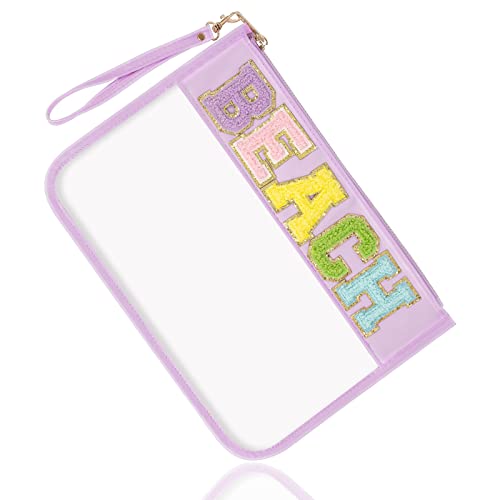Chenille Letter Clear Bag Beach Purse with Wristlet, Monogram PVC & PU Clear Zipper Pouch, Waterproof Portable Glitter Sna...