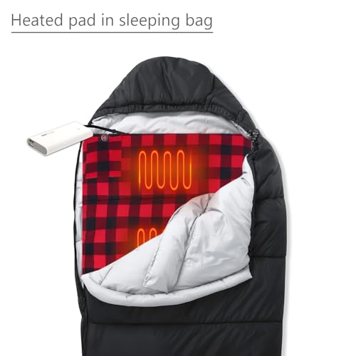 Mantuole Heated Sleeping Bag pad, Operated by 5V/2A USB Power Supply (Battery NOT Included). Black & Red Flannel.