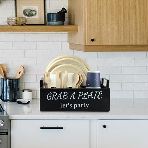 Paper Plate Holder, Utensil Caddy Organizer, Wood Paper Plate Dispenser, Silverware Caddy Holder, and Disposable Coffee Ba...