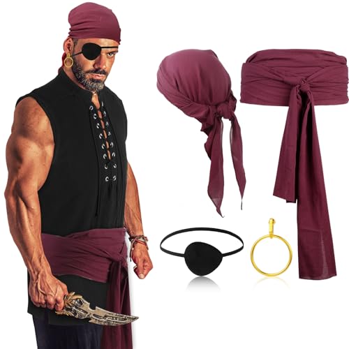 Boyiee 5 Pcs Men Pirate Costume Set for Women Adult Medieval Renaissance Shirt Bandana Sash Belt for Halloween Cosplay Party