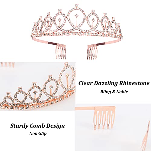 CAVETEE Birthday Crown and Sash for Women - Rose Gold Rhinestone Tiara Set and Sash for Decorations