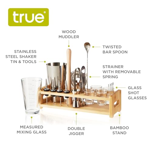 True 20-Piece Cocktail Shaker Bar Set with Wooden Stand Includes Boston Shaker, Mixing Glass, Muddler, Jigger, Strainer, B...