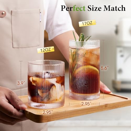 LUNA & MANTHA Ribbed Glasses Drinking Set of 8-17oz Large Capacity Highball Glasses, 12oz Rocks Glass Cups, Vintage Cockta...