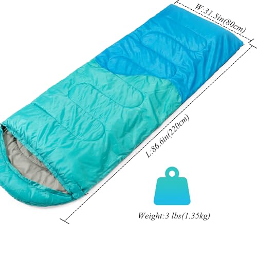 Sleeping Bag - 3 Seasons for Adults Kids Boys Girls Camping Hiking - Warm Cold Weather Lightweight Portable with Compressi...