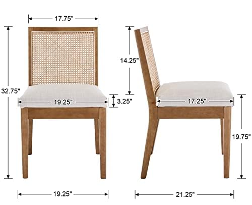 DAYALANE Rattan Dining Chairs Set of 2, Farmhouse Linen Dining Room Chairs Kitchen Chairs with Cane Back, Upholstered Rattan Chairs Comfy Side Wood Chair for Living Room/Restaurant, Natural Cream
