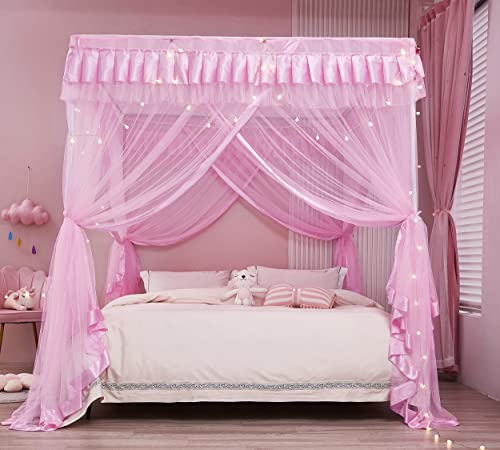 Mengersi Canopy Bed Curtains Queen Size,Bed Canopy for Girls Princess Bed Canopies Drapes Mosquito Net -Bedroom Decor,Pink